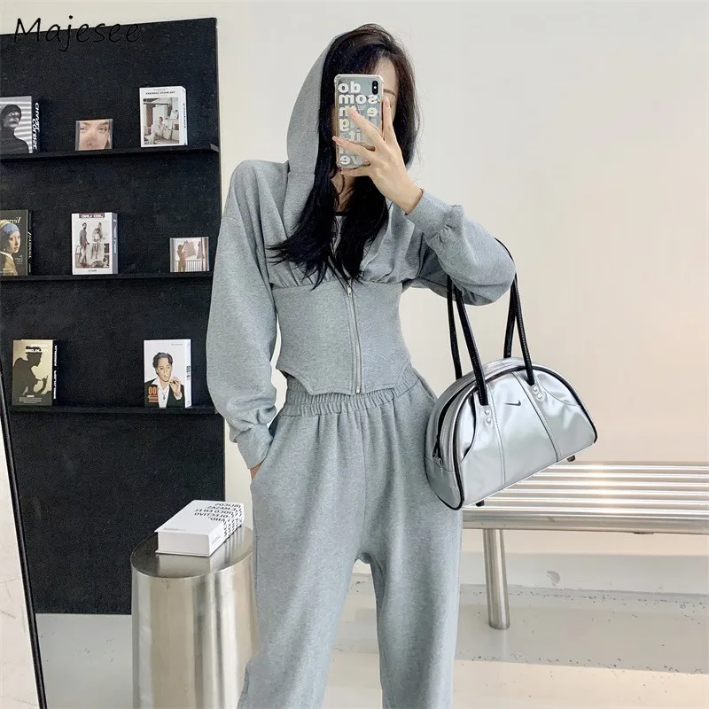 

Sets Woman Solid Zipper Hoodies Wide Leg Pants High Elastic Waist Streetwear Patchwork Pockets Autumn New Simple Fashion Design