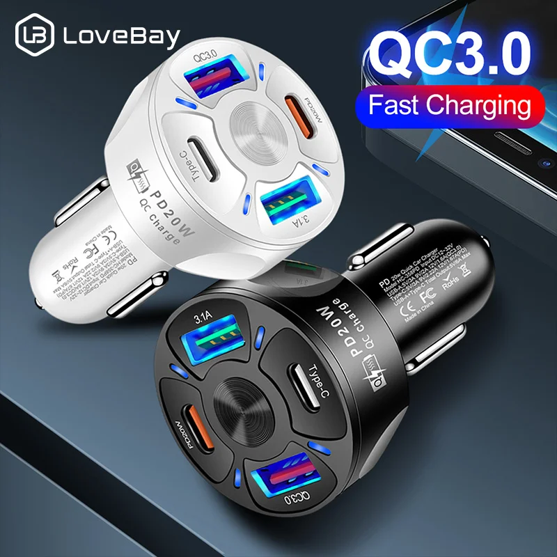 

Lovebay 4 Ports USB Car Charger PD 20W 3.1A QC3.0 Fast Charging For iPhone 13 Samsung Xiaomi Phone Tablet Charger Adapter in Car