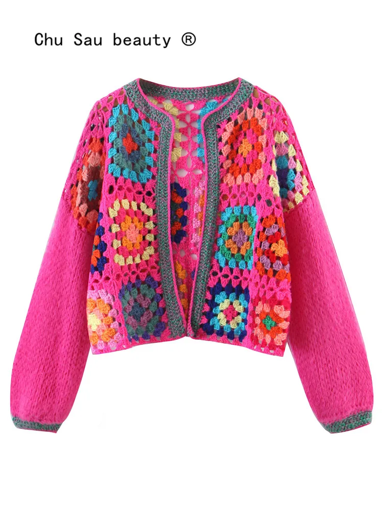 

Модный женский вязаный кардиган ручной вязки, Новинка осени 2022, винтажный свободный короткий свитер в стиле бохо, пальто, Женский шикарный топ