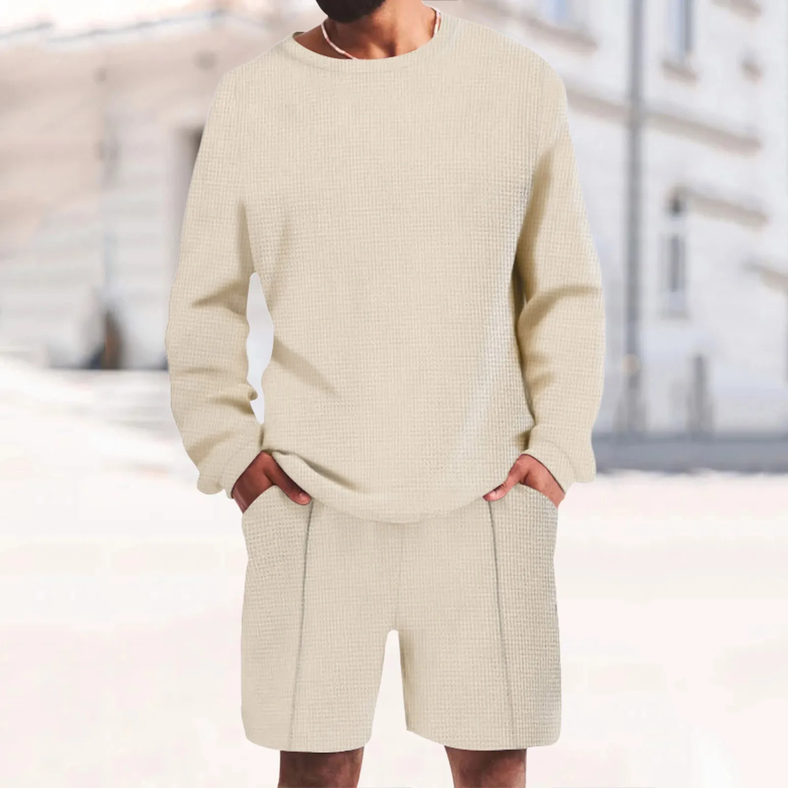 

Leisure Solid Waffed Two Piece Clothes Sets For Men Casual O Neck Long Sleeve Tops Shorts Tracksuits Sports Apparel Fitness Set