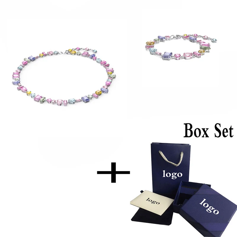 

2023 New Shiny Jumping Gradient Color Square Multicolor Decorative Crystal Necklace Set Romantic Luxury Jewelry