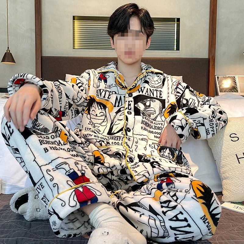 

Anime One Piece Pajama Pants Plush Pajamas Men's Winter Thickened Luffy Cartoon Homewear Suit Nightdress Sleepwear