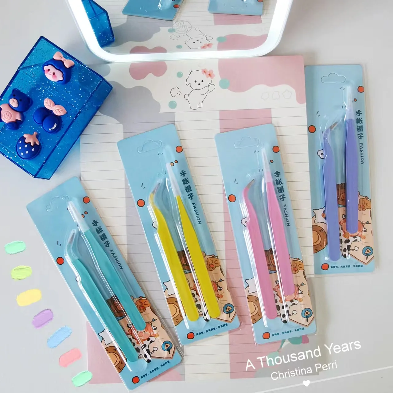 MINKYS New Arrival Candy Color 2PCS Tweezers Tool For Journal Sticker ESD Beauty Salon DIY Steel Tweezers Spot Accessories