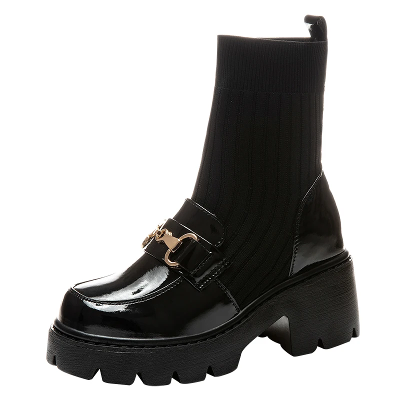 

2023 Autumn Winter British Wind Leg Boots Metal Buckle New 8 Cm Increase Leather Thick Sole Square With Snow Boots Women Z3