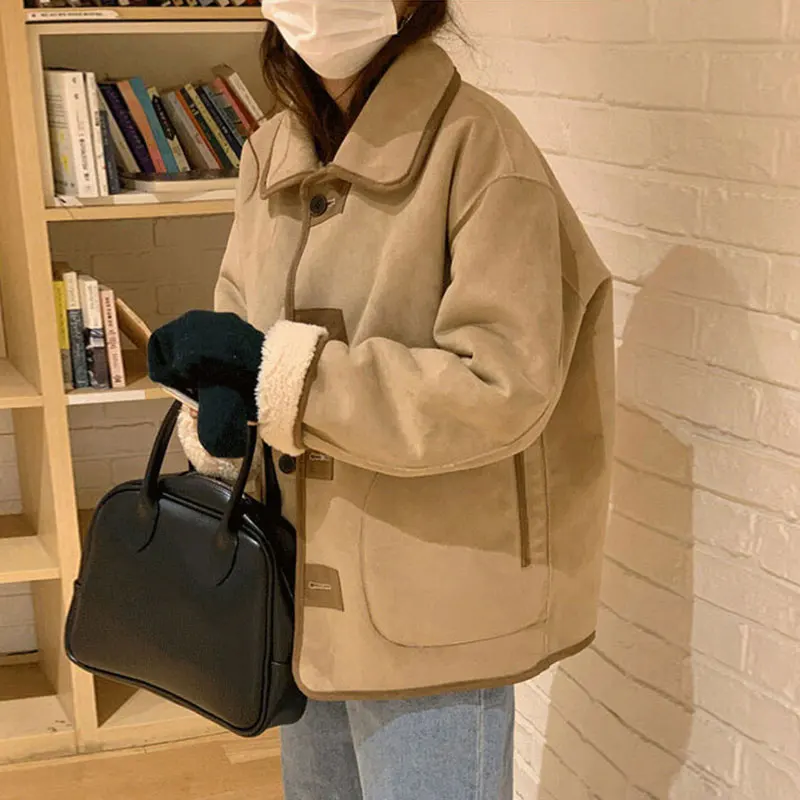 Fluffy Thicken Coat Female Korean Fashion Loose Lamb Fur Woman Turn Down Collar Long Sleeve Coats Women Single-breasted Top