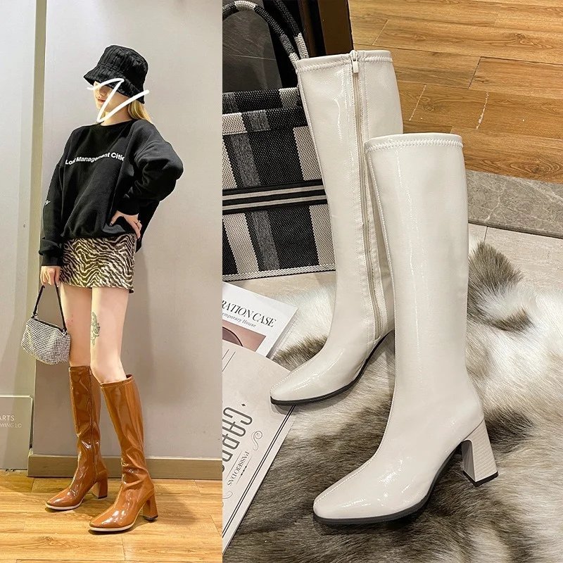 2022 Fashion Knee High Boots Autumn Winter Women Pu Leather Square High Heel Western Boots Pointed Toe Zipper Woman Shoes White