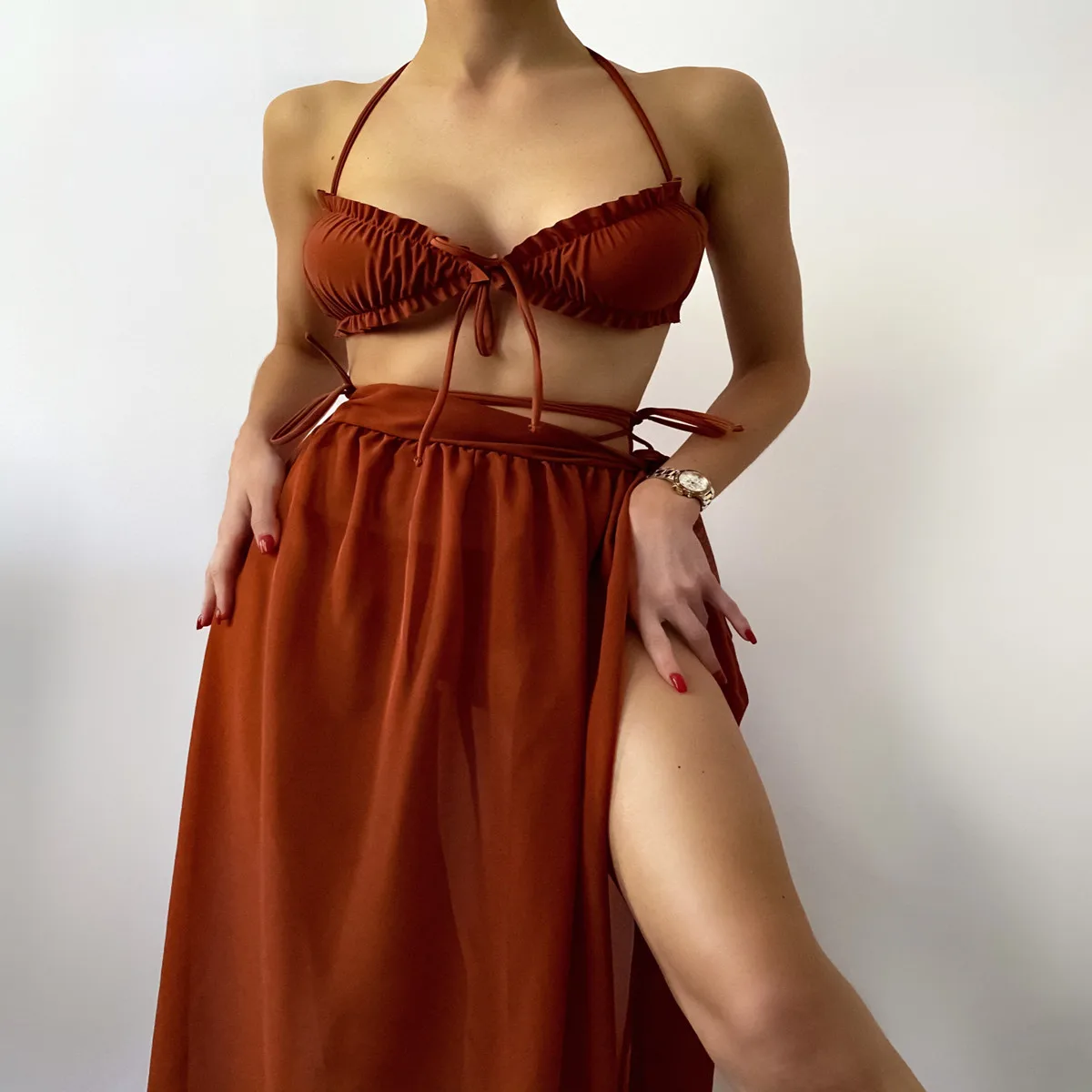 Swimsuit 2022 Three Piece Sexy Women Swimsuit Women High Waist Chiffon Cover Skirt Strap Bikini Brazilian Bikini Set