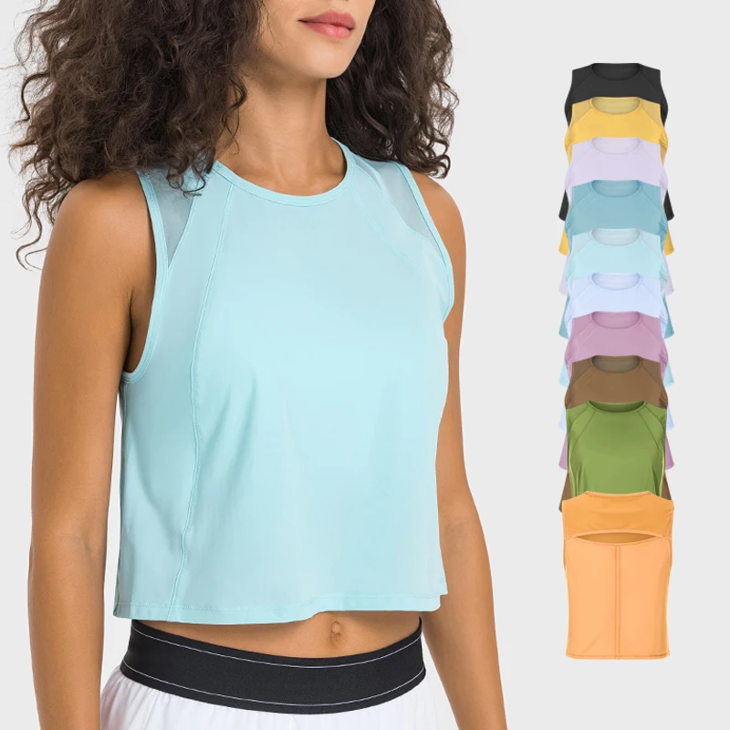 Кроп-майка женская спортивная с круглым вырезом сетчатая майка без рукавов