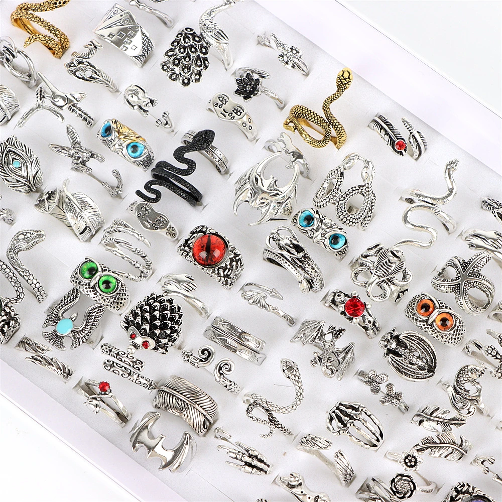 12Pcs/Lot Vintage Punk Snake Animal Adjustable Ring For Men Women Dragon Devil's Eye Mix Style Hip Hop Gothic Jewelry Party Gift
