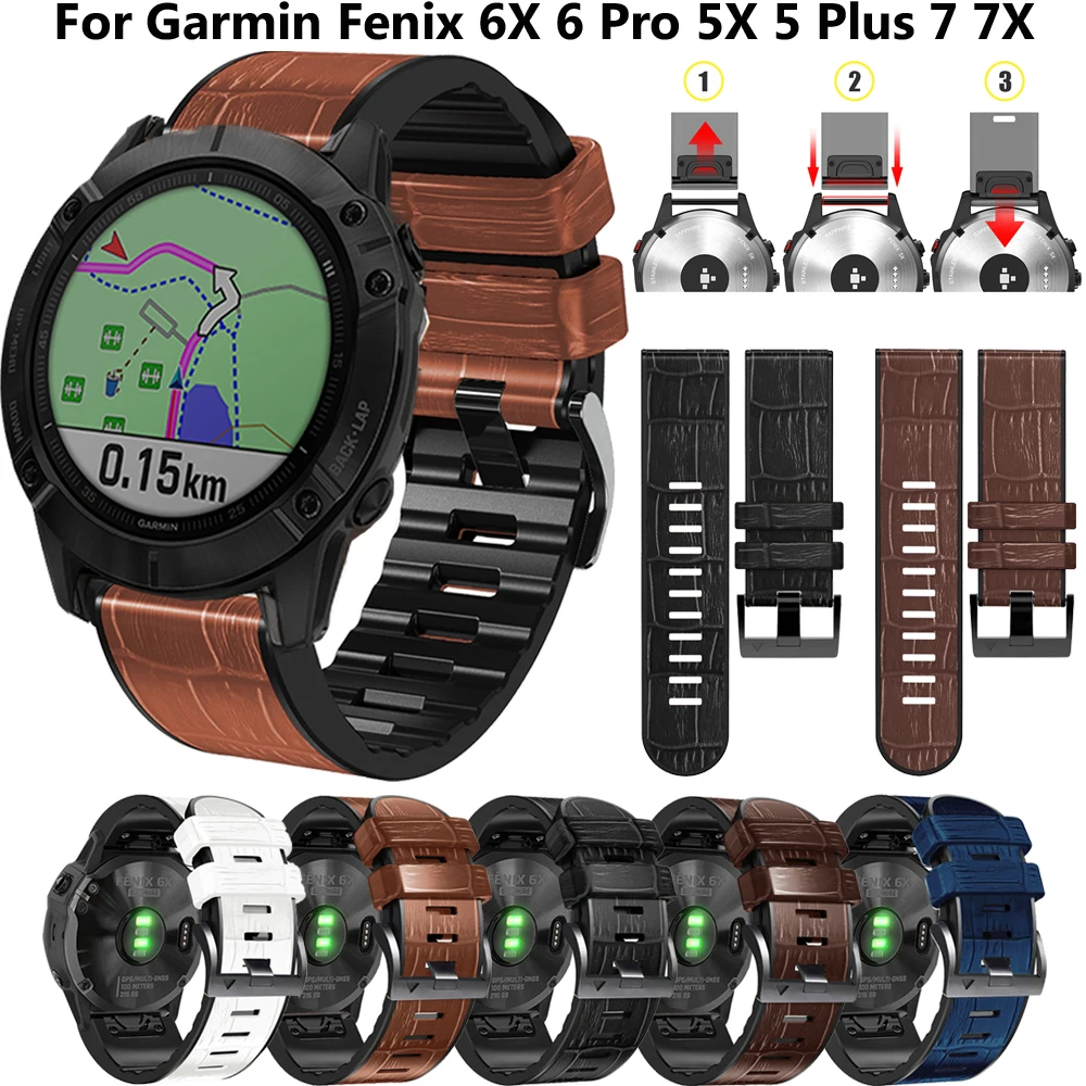 

Leather Silicone Watch Band For Garmin Fenix 6X 6 Pro 5 5X Plus 7 7X 3 3HR 945 Epix Strap 22 26mm Smart Quick Release Wristbands