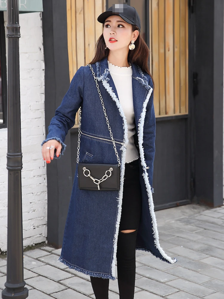 

Trench Coat for Women 2023 Autumn Winter New Fashion Splice Mid Length Denim Trench Coat with Detachable Hem for Women Coat