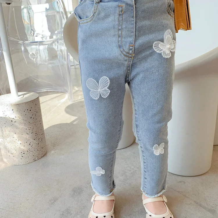 

RiniKinda Jeans For Girls Elegant Denim Pants Sweet Butterfly Stretch Lovely Autumn Child Trousers Toddler Kid Baby Steetwear