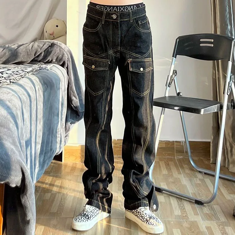 High Street Retro Heavy Industry Washed Zipper Tooling Jeans Men's Hip-hop Style Thin Light Blue Trousers Baggy Jeans