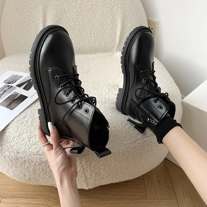 

Brand Women Shoes Round Toe Lace Up Boots Boots-Women Fashion Rock Rubber Ladies 2022 Lolita Low Autumn Elegant Cross-tied