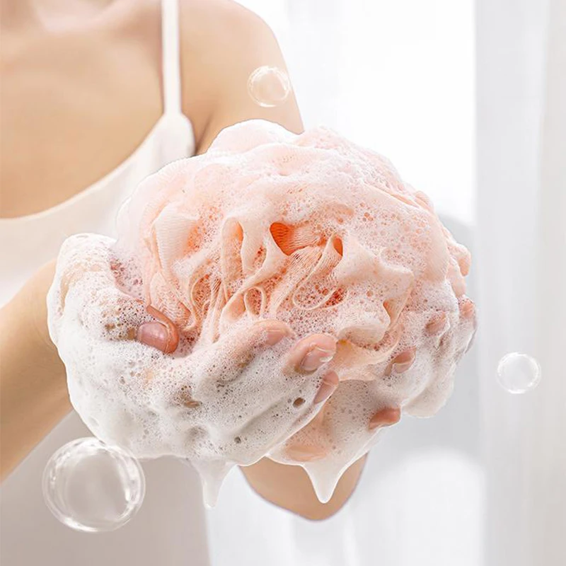 Губка для душа спонж круглого сеточного помола с мягкой ручкой мытья жидкости