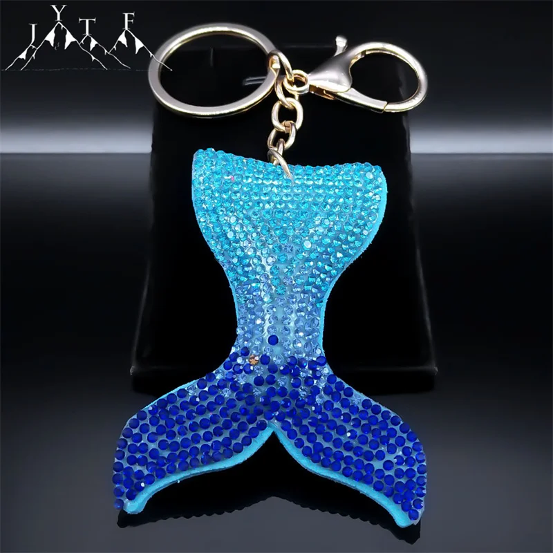 

Cute Shinny Mermaid Tail Key Chain Blue Crystal Key Ring Women Fashion Alloy Rhinestone Fish Tails Car Bag Jewelry Accessories