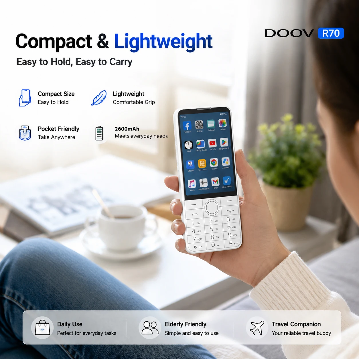 Фото DOOV R70 Mini Android 13 4G смартфон с двумя SIM-картами, без камеры, с поддержкой Google Play, сенсорным экраном и клавиатурой. №2
