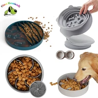 slow feeder dog bowl no spill silicone food and water dish foldable pet cat puppy bloat stop slow down eating puzzle double bowl