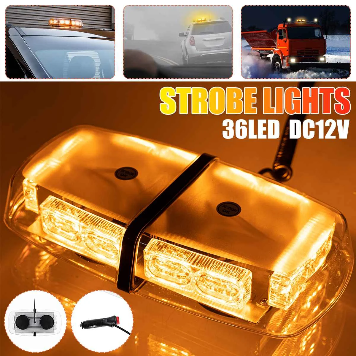 

LED Rooftop Strobe Beacon Lights Magnetic Base Safety Warning Light Emergency Construction Vehicles Trucks Postal Mail Cars 12V