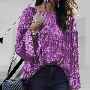 2022 Spring Popular Shiny Sequin Tops Women Autumn Long Sleeve Round Neck Loose Blouses Shirts Fashi