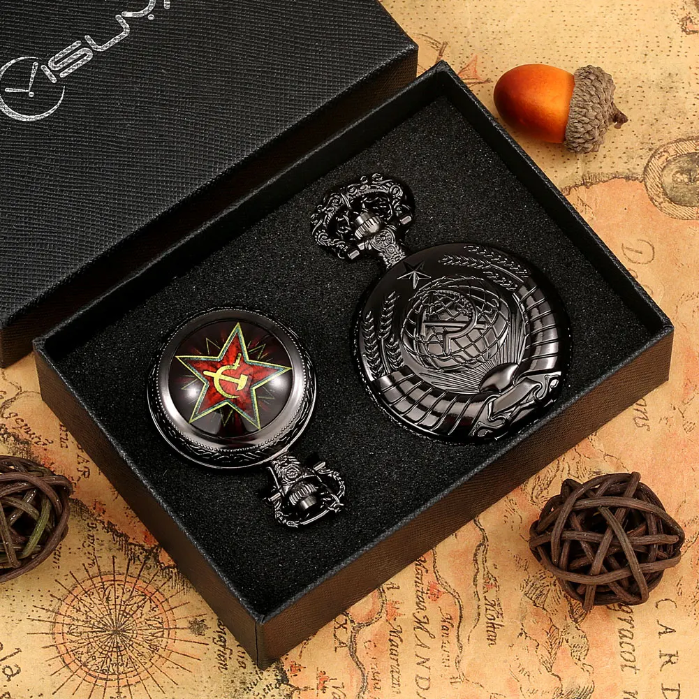 2PCS Black Pocket Watch Sets for Men Ussr Vintage Pocket Watch Mens Quartz Pocket Watch Pedent Clock Gifts Set Карманные часы