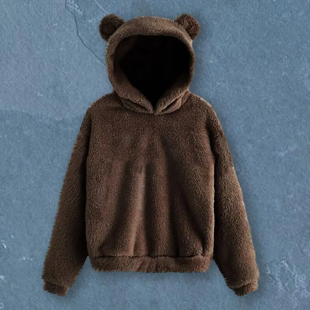 

Women Winter Hoodie Solid Color Plush Thick Hooded Cozy Keep Warm Soft Plus Size Ears Decor Lady Hoodie