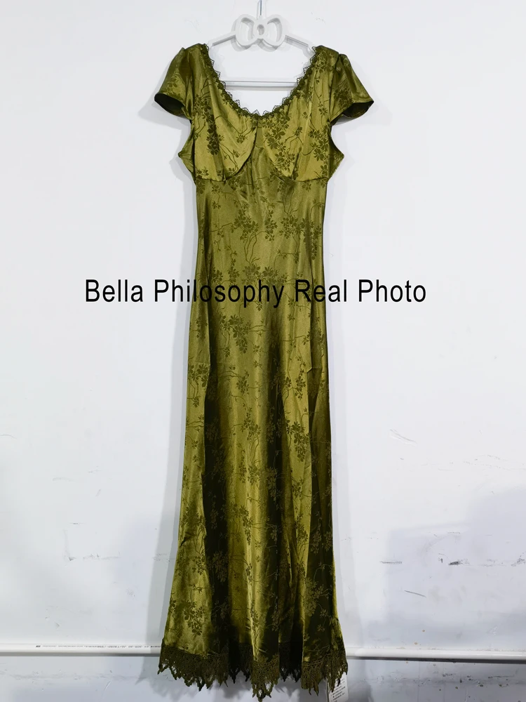 Элегантное женское зеленое атласное платье с открытой спиной Mixi кружевное