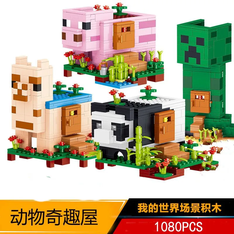 

2022 Creepers Mine Alpacas Pandas Kindergarten Building Blocks Bricks MyWorld The Foxs Lodge Pigs Houses Model Toys for Kid Gift