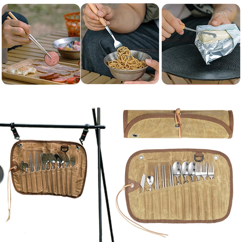 

Cutlery Bag 12pcs Camping Tableware Storage Bag Cutlery Organizer Roll Holder Canvas Spoon Chopsticks Fork BBQ Picnic Case Pouch