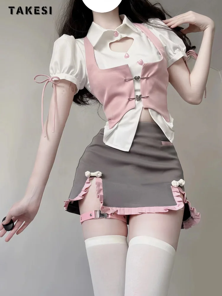 

2023 Summer Sweet Lolita Sexy 2 Piece Set Women Puff Sleeve Hollow Out Lace-up Crop Top +Sheath Skirt Kawaii Two Piece Skirt Set