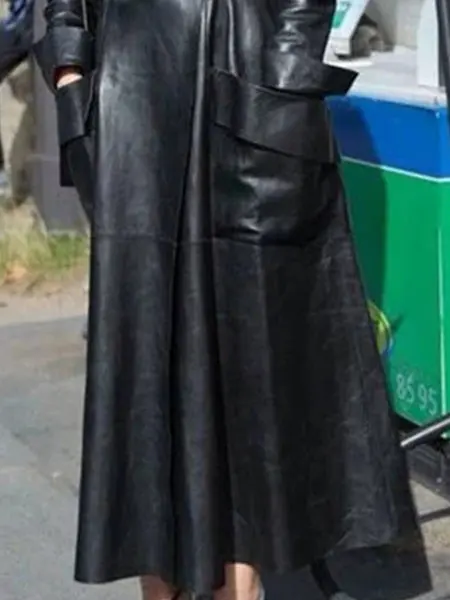 2022 Autumn and Winter New Fashion Casual Women's Coat, Solid Color Extra Long Pu Leather Suit Collar Leather Jacket - with Belt