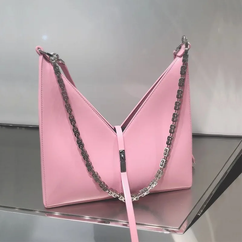 

Luxury new pink V -type triangle bag European and American fashion chain women's bag cowhide handbag shoulder tilted crossbag