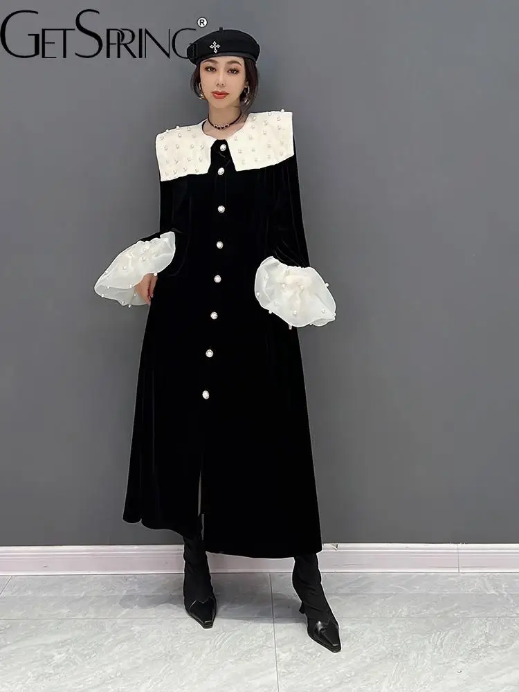 

GetSpring Women Dress 2022 Autumn Korean Fashion Beading Flare Sleeve Single Breasted Loose Leisure Long Black Velvet Dress New