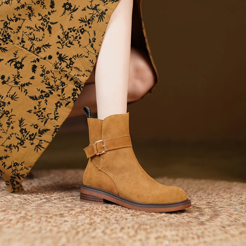 

New Buckle Autumn And Winter Ankle Boots 2022 Retro Leather Ankle Boots And Nude Boots Fashion Round Toe Thick Heel 34-41