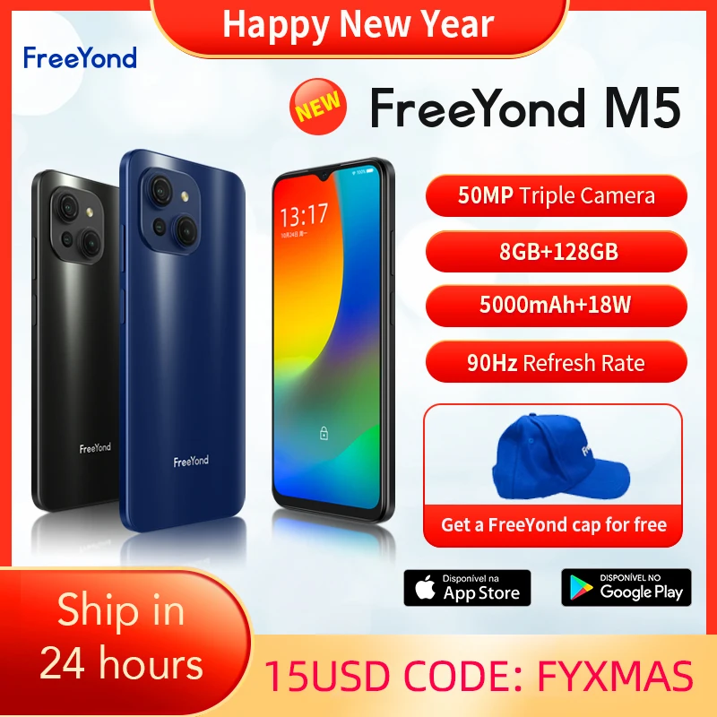 FreeYond M5 8GB 128GB Cellphones 50MP AI Triple Camera 90Hz IPS Screen 5000mAh 18W Fast Charging Android Phone Smartphone