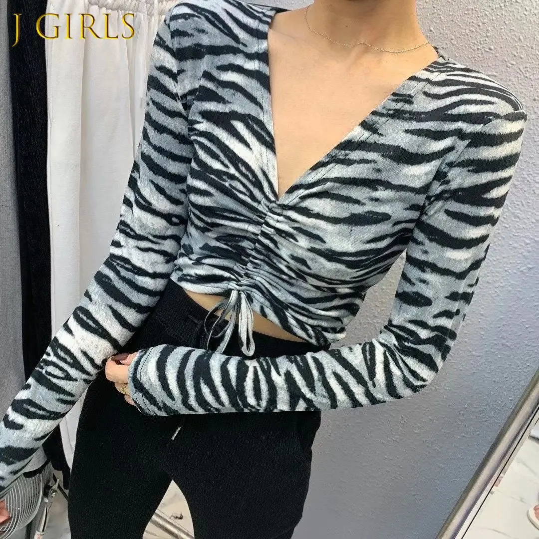 

J GIRLS T-Shirts Women Shirring Slim Sexy Ladies Tops V-Neck Casual Korean Style All-match Spring Hot Streetwear Ulzzang Vintage