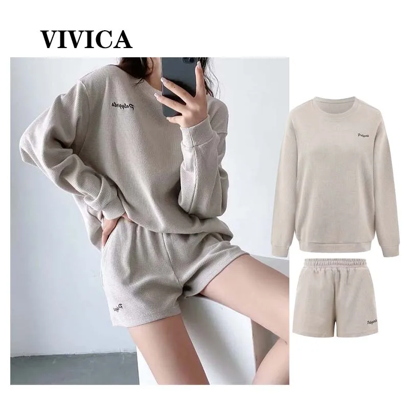 

Autumn Lazy Wind Long Sleeve Waffle Suit Simple Casual Sports Women's New Loose Sweater Shorts Two-piece Set