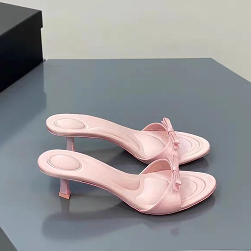 2023 Summer New European and American Women's Bow Satin High Heels Rhinestone Letter Fashion Sandals