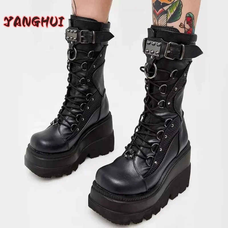 New Wedge Heel Mid Barrel Solid Color Cavalry Boots Cool Punk European and American Style Large Shoes Fashion Botte Femme Hiver