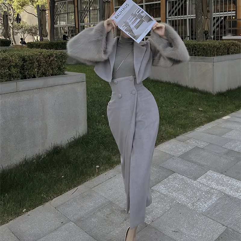 

Le Palais Vintage 2022 Spring New Original Grey Thickened Braces High Waist Pencil Skirt Fashionable All-match Slim Skirts Women