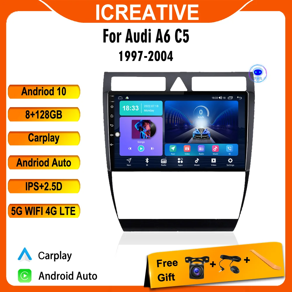 

ICREATIVE 8G 128G Car Radio For Audi A6 C5 1997-2004 S6 1999-2004 RS6 2002-2006 GPS 1280*720P Android10 Auto Carplay IPS 2din BT