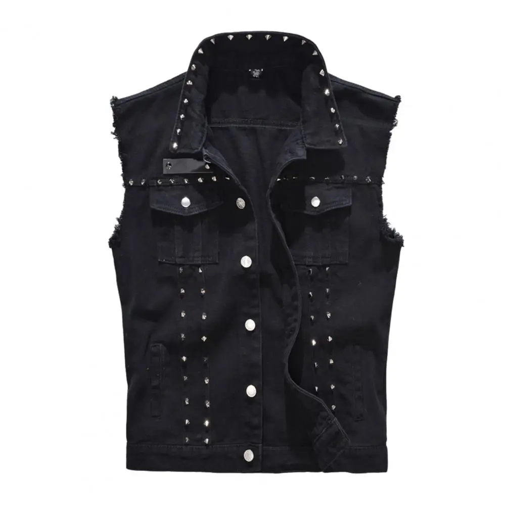 Men Vest Solid Color Sleeveless Rivets Single-breasted Slim Turndown Collar Waistcoat Streetwear