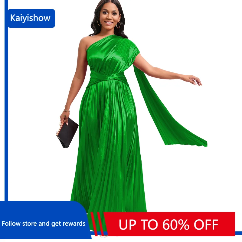 

Elegant Pleated One Shoulder Party Dress Women Solid Ruched Ruffle Sleeve High Waist Club Wedding Cocktail Maxi Dresses