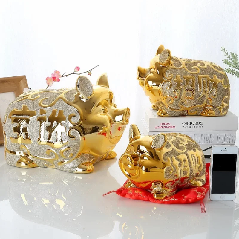 

Golden Creative Ceramic Large Pig Piggy Bank Deposit Box Safe Hidden Piggy Bank Gift Money Saving Hucha Infantil Pig Coin Bank