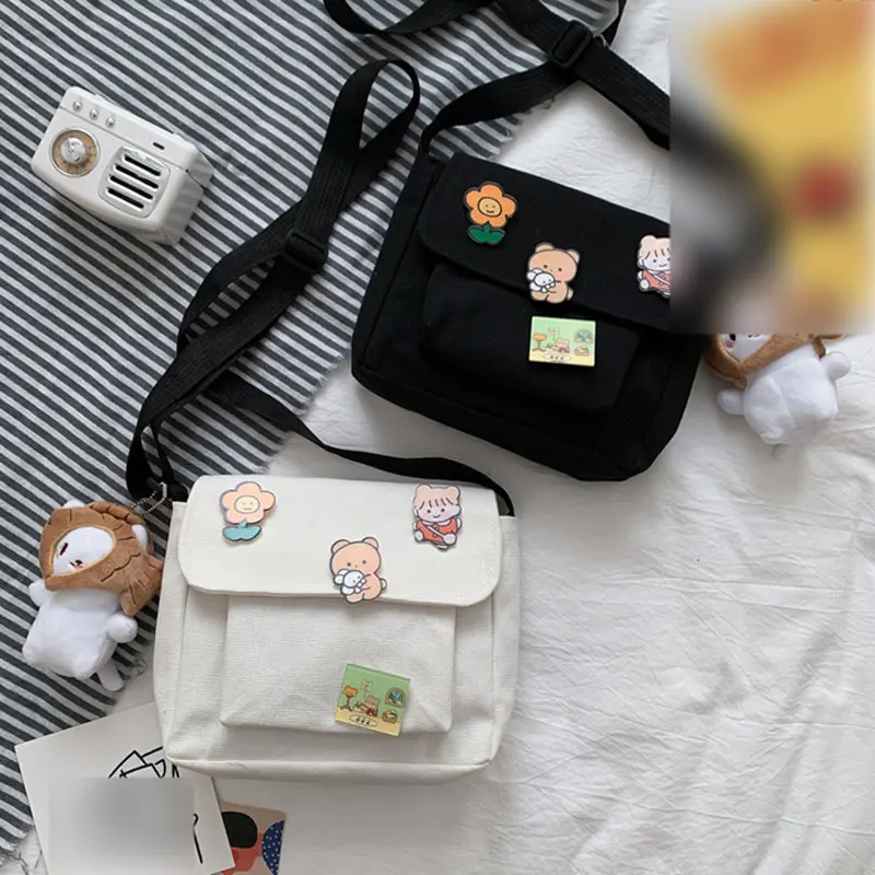 Crossbody Bags Women Canvas Flap-bag Students Casual Female Handbags  Single Shoulder Bag Korean Fashion Solid Messenger Bag