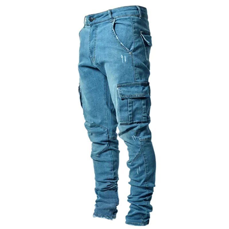 2021 men's jeans new jeans men side pockets small feet skinny jeans Neutral Trousers Cargo jeans traight Men's Jeans