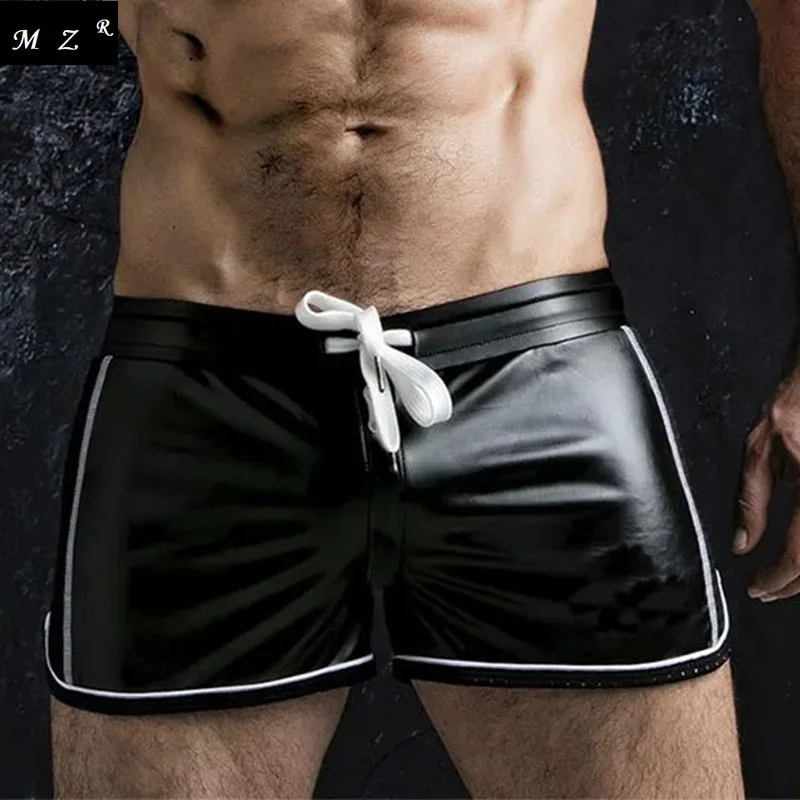Sexy Men's Punk Slim Locomotive PU Imitation Leather Breathable Casual Shorts  Tight Fitting Training Pants