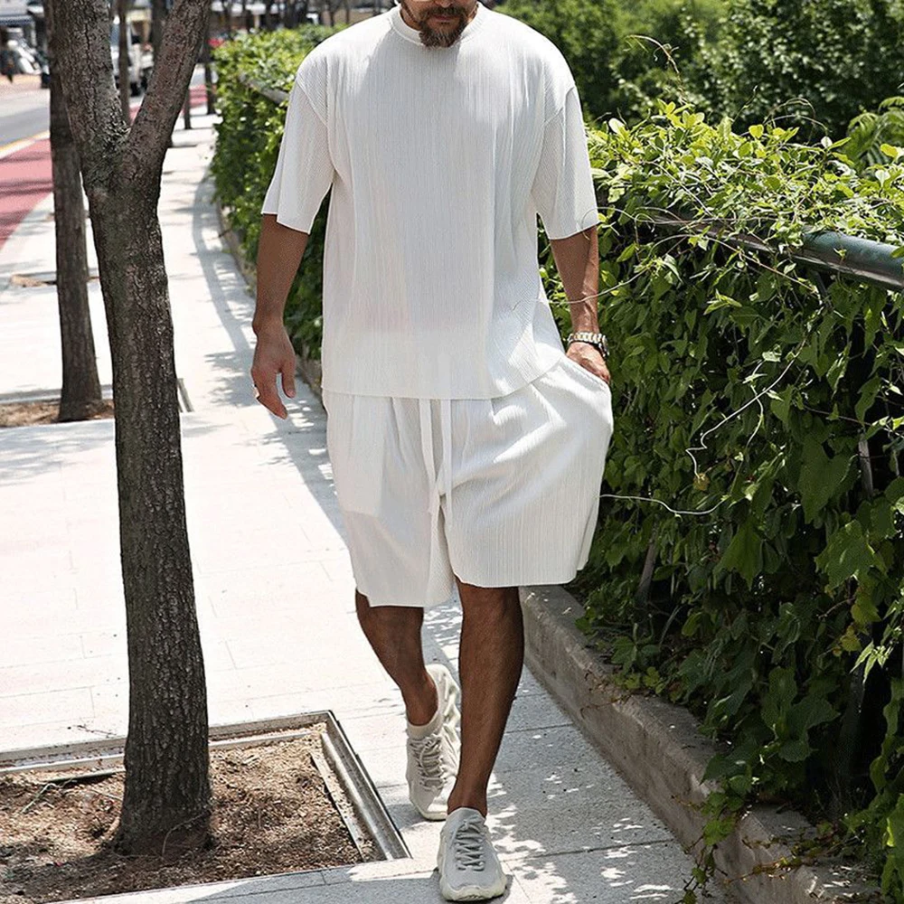 

Men Set Suit Summer Stripe Loose Short Sleeve Short Sleeve Solid Harajuku Streetwear Oversize Casual Beach Breathable