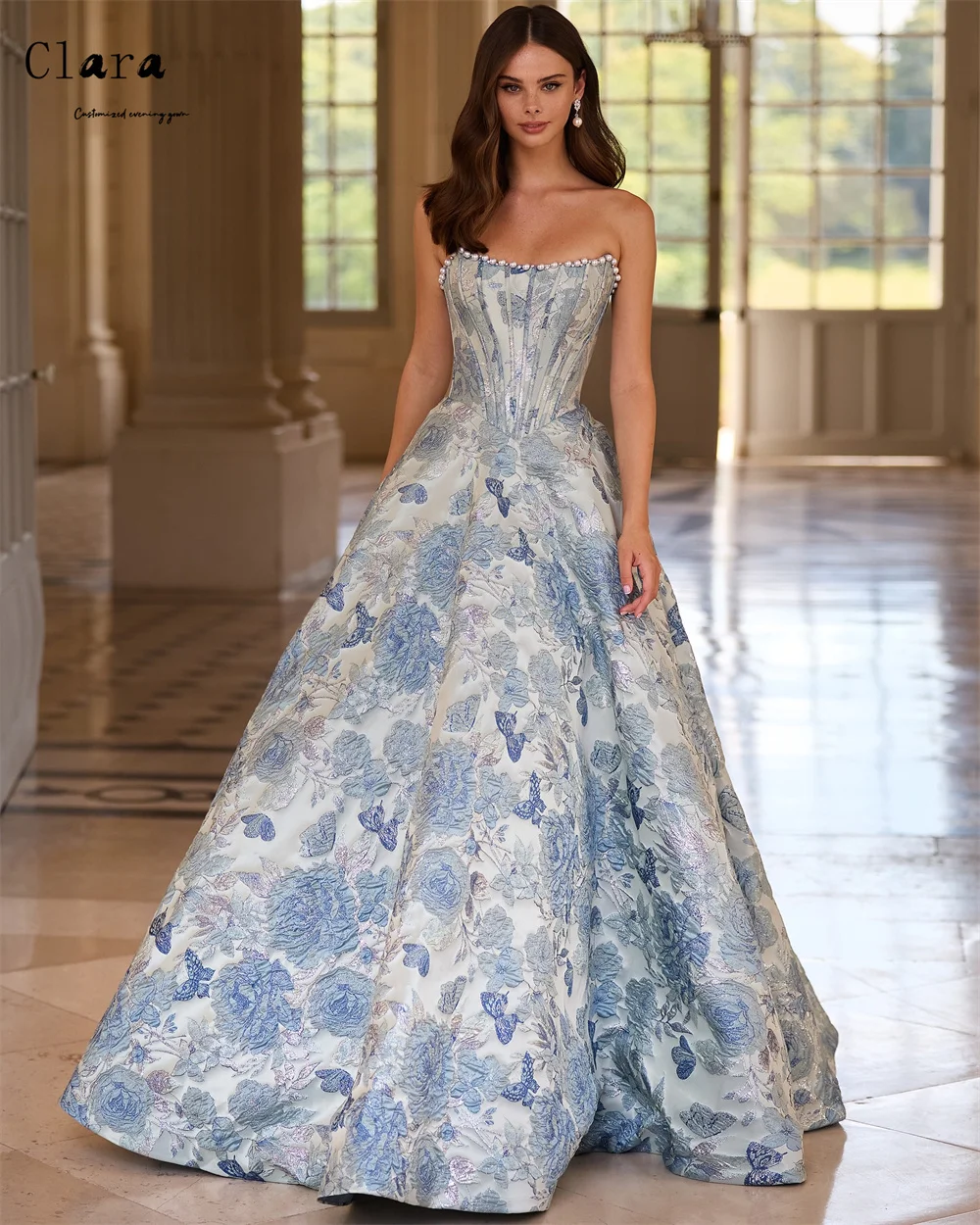 Фото Вечернее платье Clara Custom, синее, А-силуэт, с цветочным узором на спине, без спинки, роскошное, 2026, изогнутое, элегантное, для вечеринок, длинное, для выпускного вечера, 2026 №2