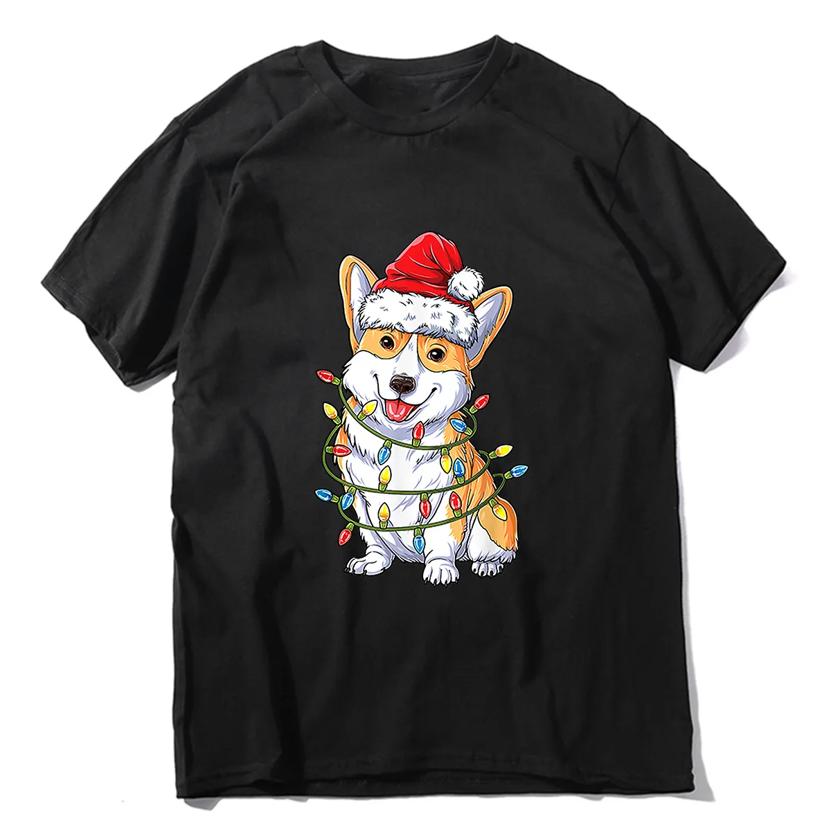 

Unisex 100% Cotton Corgi Santa Christmas Tree Lights Xmas Gifts Boys Girl Shirt Men Oversized T-Shirt Casual Streetwear Tee